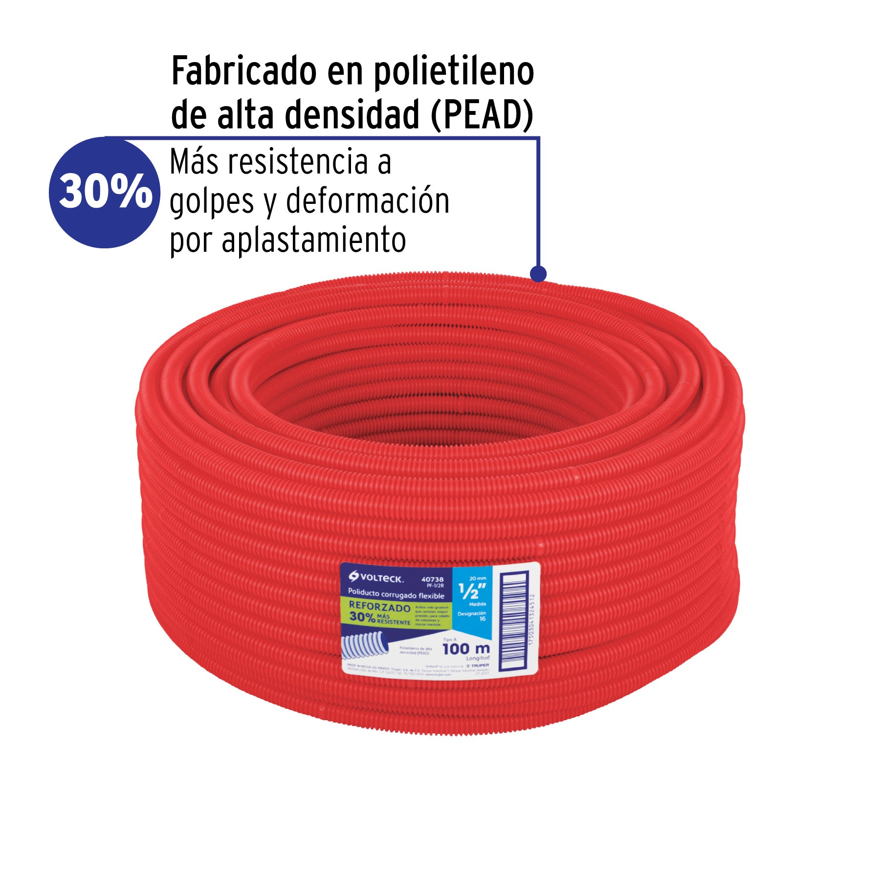 Metro de poliducto 1/2' corrugado flex. reforz. s/guía, 100m