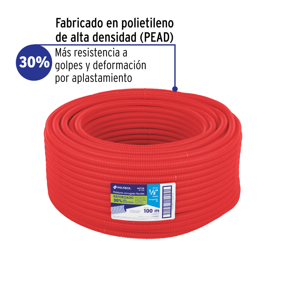 Metro de poliducto 1/2' corrugado flex. reforz. s/guía, 100m