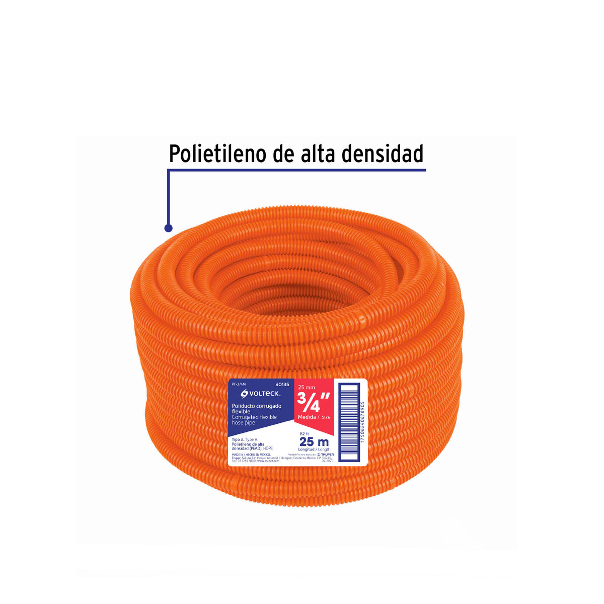 Poliducto corrugado flexible, 3/4', rollo 25 m, Volteck