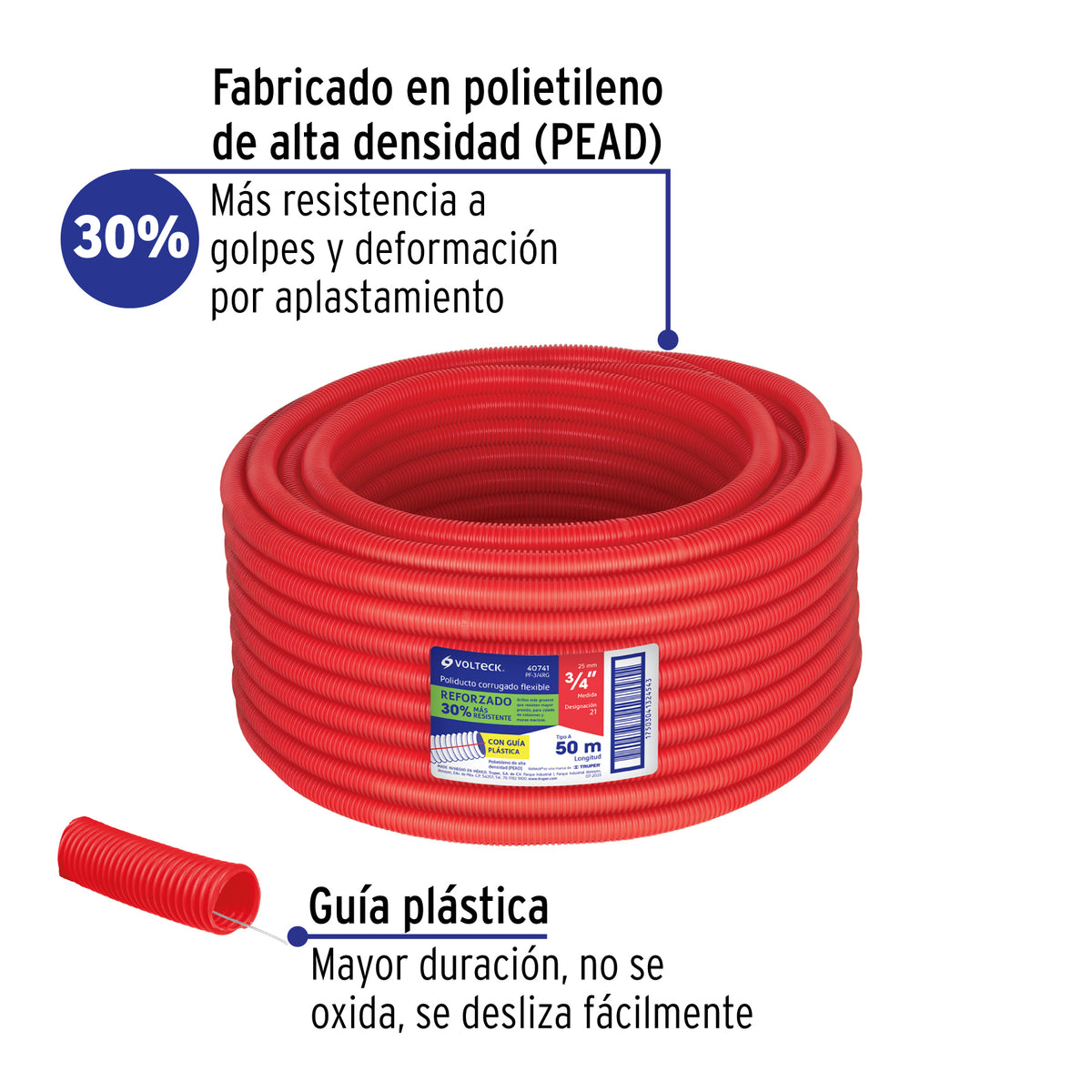 Metro de poliducto 3/4' corrugado flex. reforz. c/guía, 50m