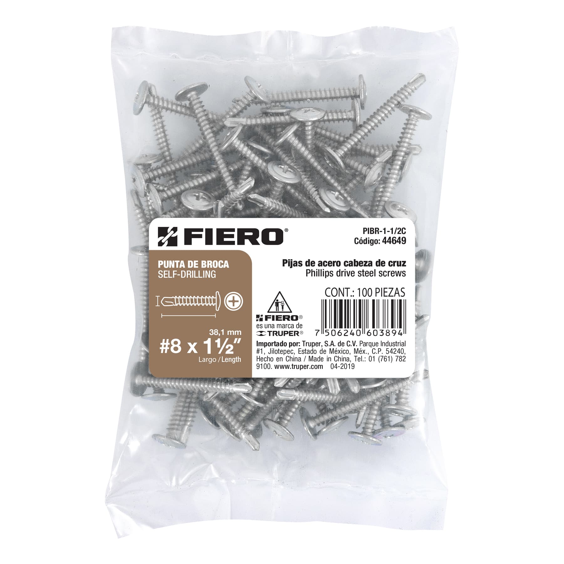 Pijas punta de broca 1-1/2", cabeza cruz, caja con 100 pzas