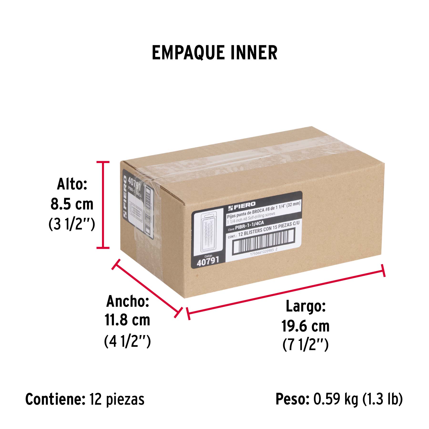 Blíster con 15 pijas cabeza cruz, punta broca 1-1/4', FIERO
