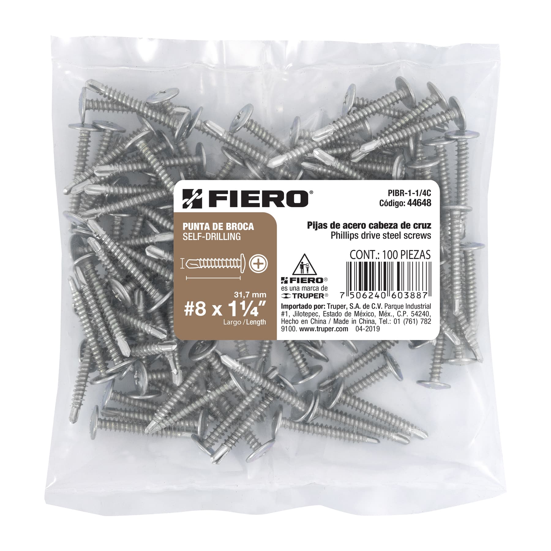 Pijas punta de broca 1-1/4", cabeza cruz, caja con 100 pzas