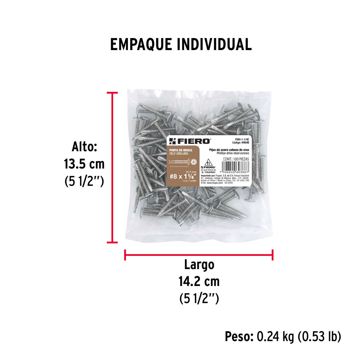 Pijas punta de broca 1-1/4", cabeza cruz, caja con 100 pzas