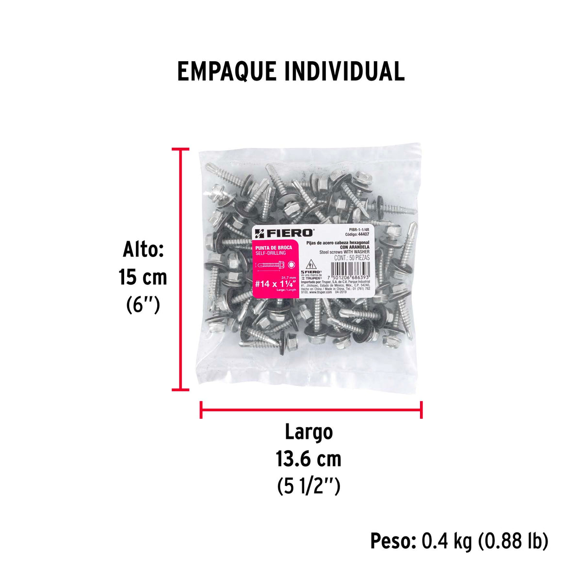 Pijas punta de broca, 1-1/4" con rondanas, caja con 50 pzas