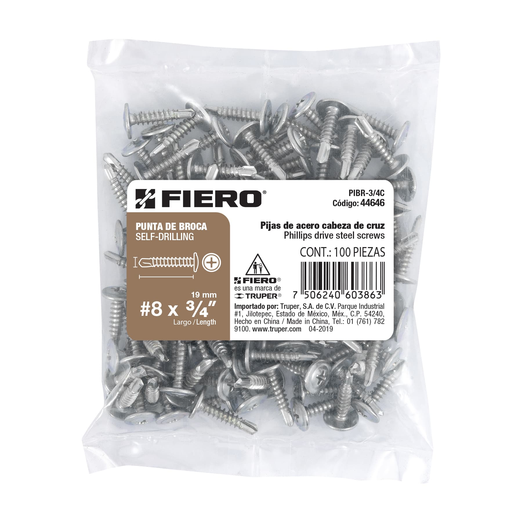 Pijas punta de broca 3/4", cabeza cruz, caja con 100 pzas
