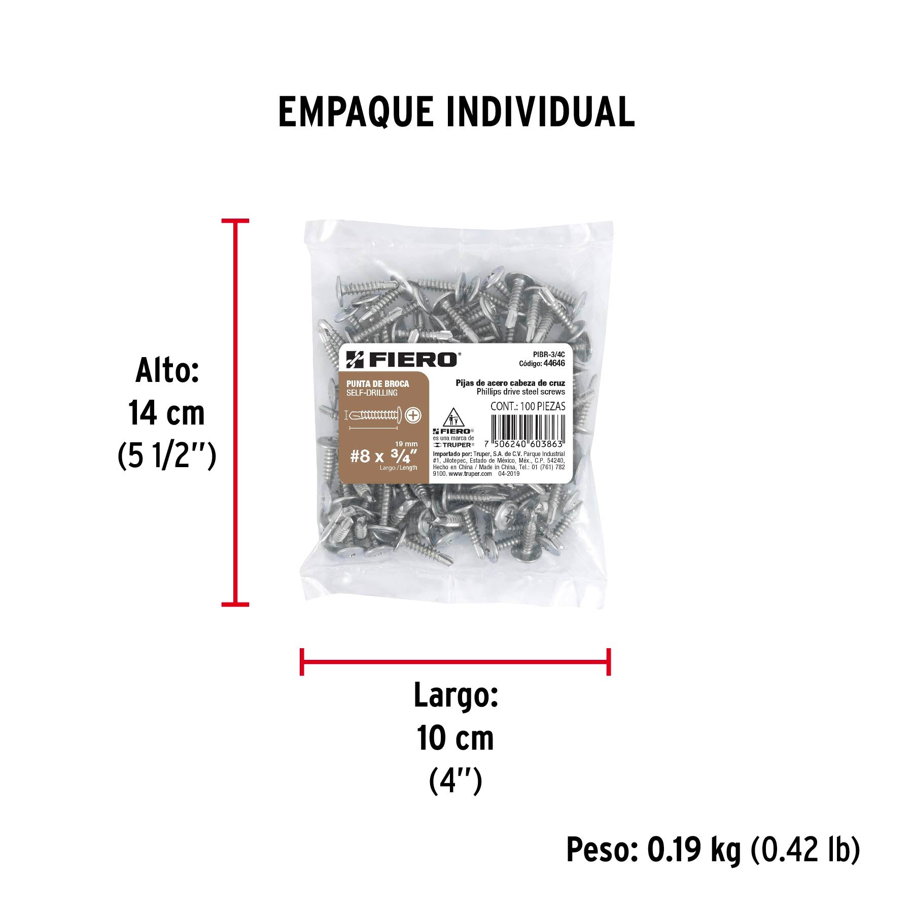 Pijas punta de broca 3/4", cabeza cruz, caja con 100 pzas