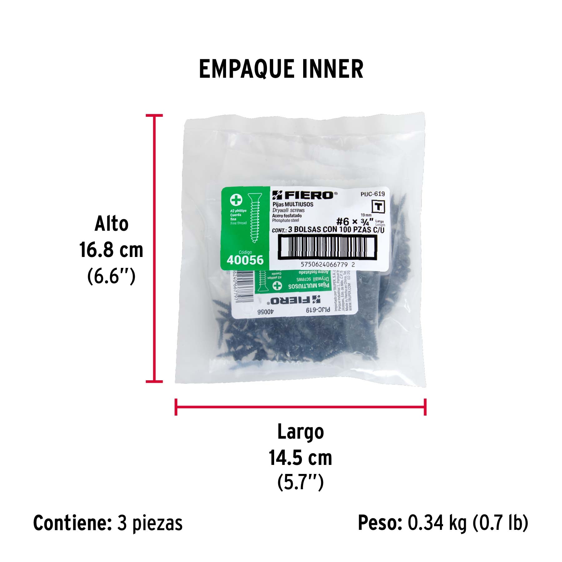 Pija multiusos 6 x 3/4", cuerda cerrada, caja con 100 piezas