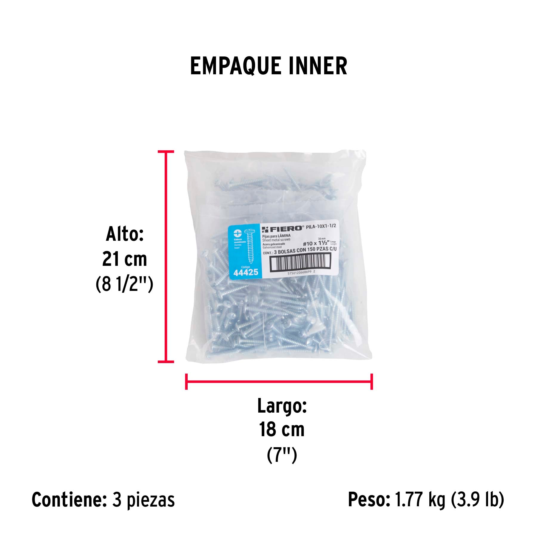 Pijas para lámina, #10, 1-1/2", caja con 150 pzas