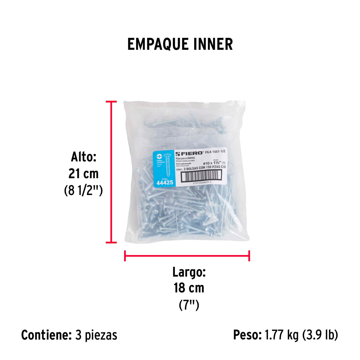 Pijas para lámina, #10, 1-1/2", caja con 150 pzas