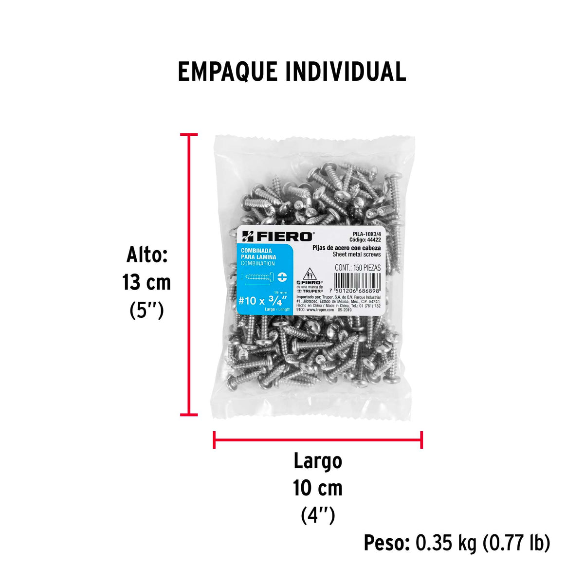 Pijas para lámina, #10, 3/4", caja con 150 pzas