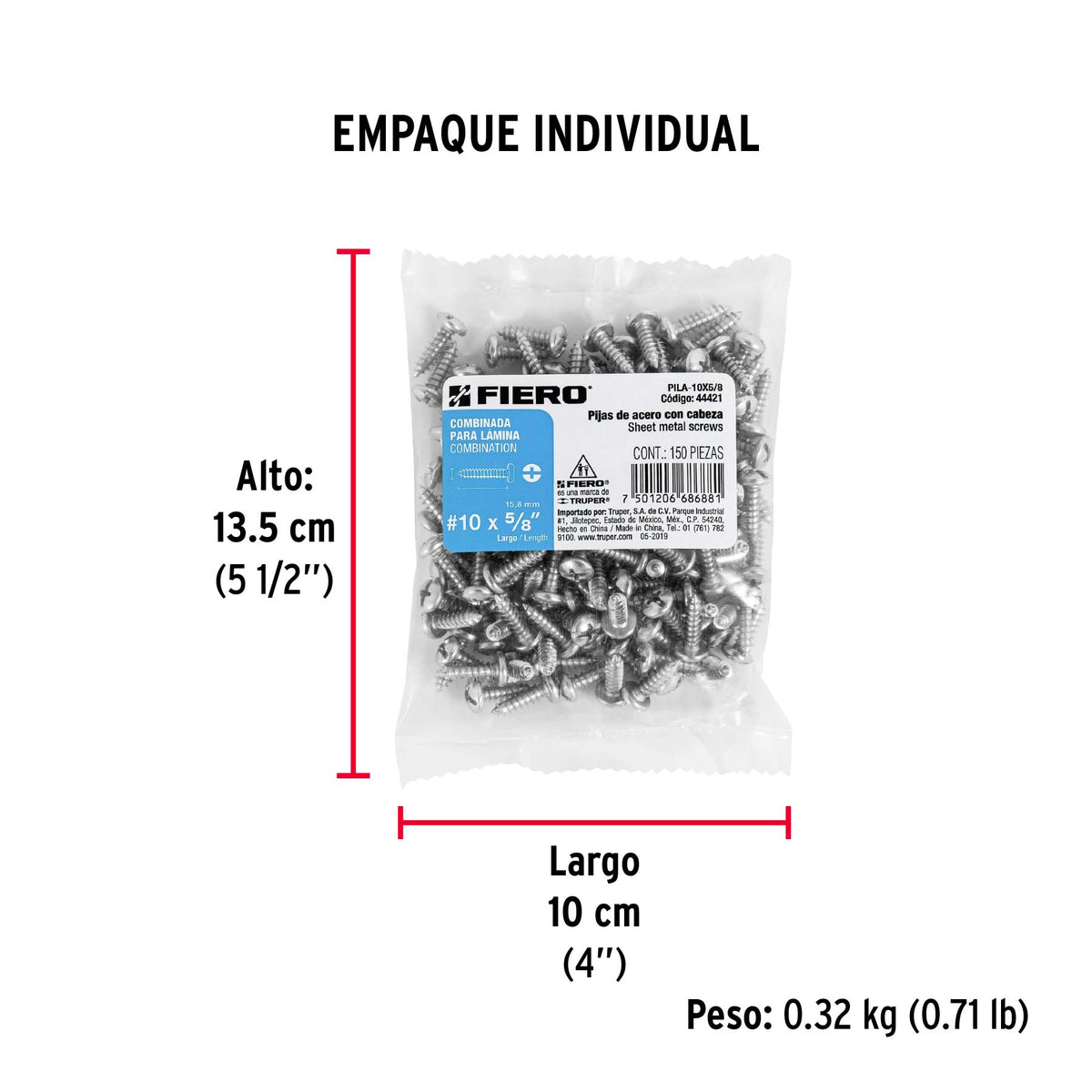 Pijas para lámina, #10, 5/8", caja con 150 pzas