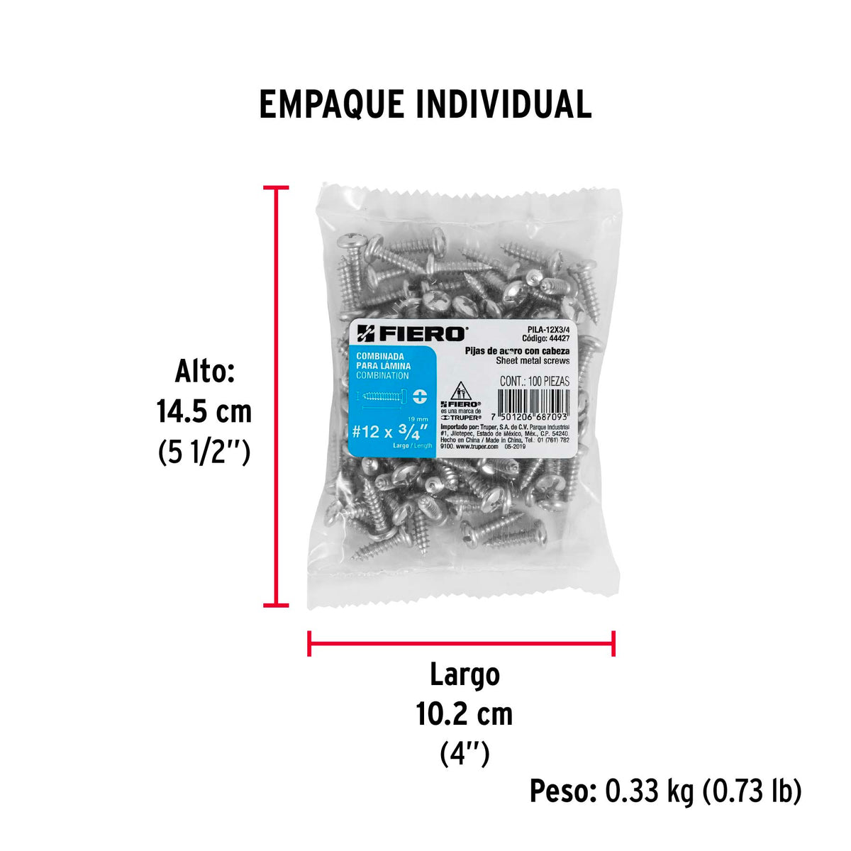 Pijas para lámina, #12, 3/4", caja con 100 pzas
