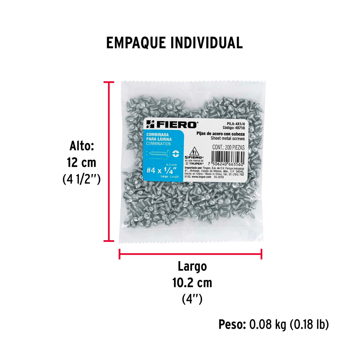 Pijas para lámina #4, 1/4" caja con 200 piezas