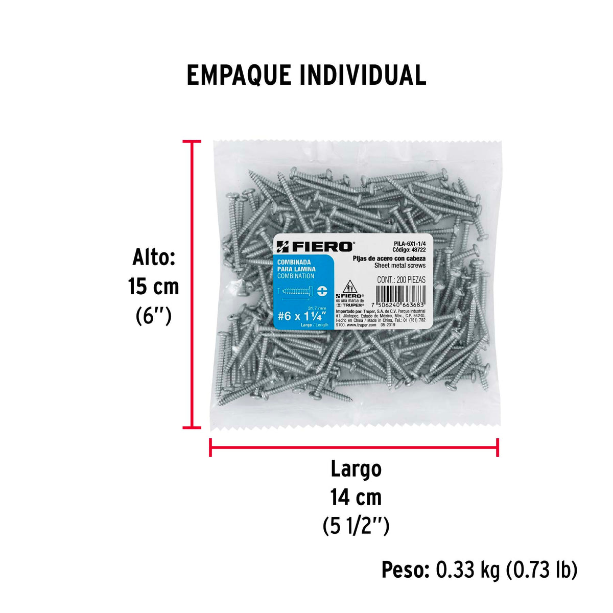 Pijas para lámina #6, 1-1/4" caja con 200 piezas