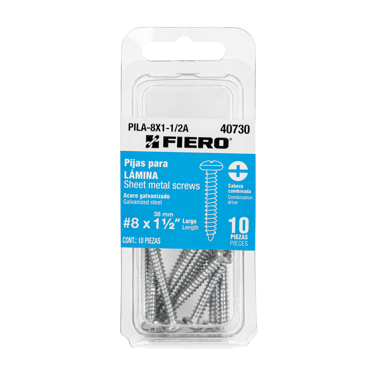 Blíster con 10 pijas para lámina, #8 x 1-1/2', Fiero
