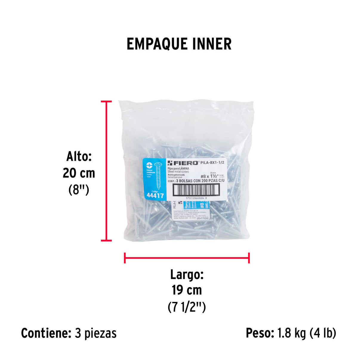 Pijas para lámina, #8, 1-1/2", caja con 200 pzas