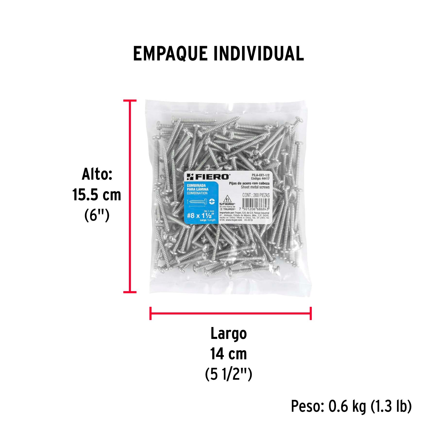Pijas para lámina, #8, 1-1/2", caja con 200 pzas