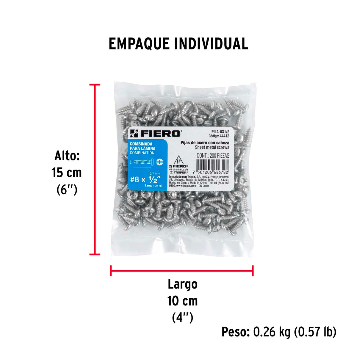 Pijas para lámina, #8, 1/2", caja con 200 pzas