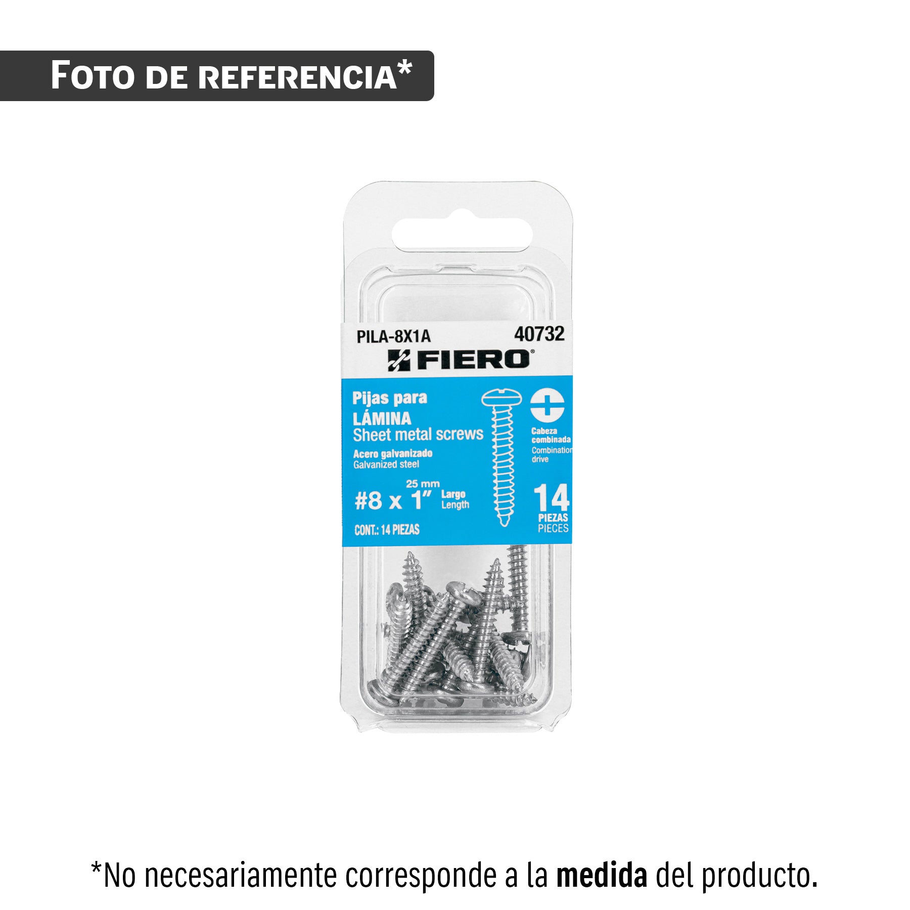 Blíster con 8 pijas para lámina, #8 x 2', FIERO
