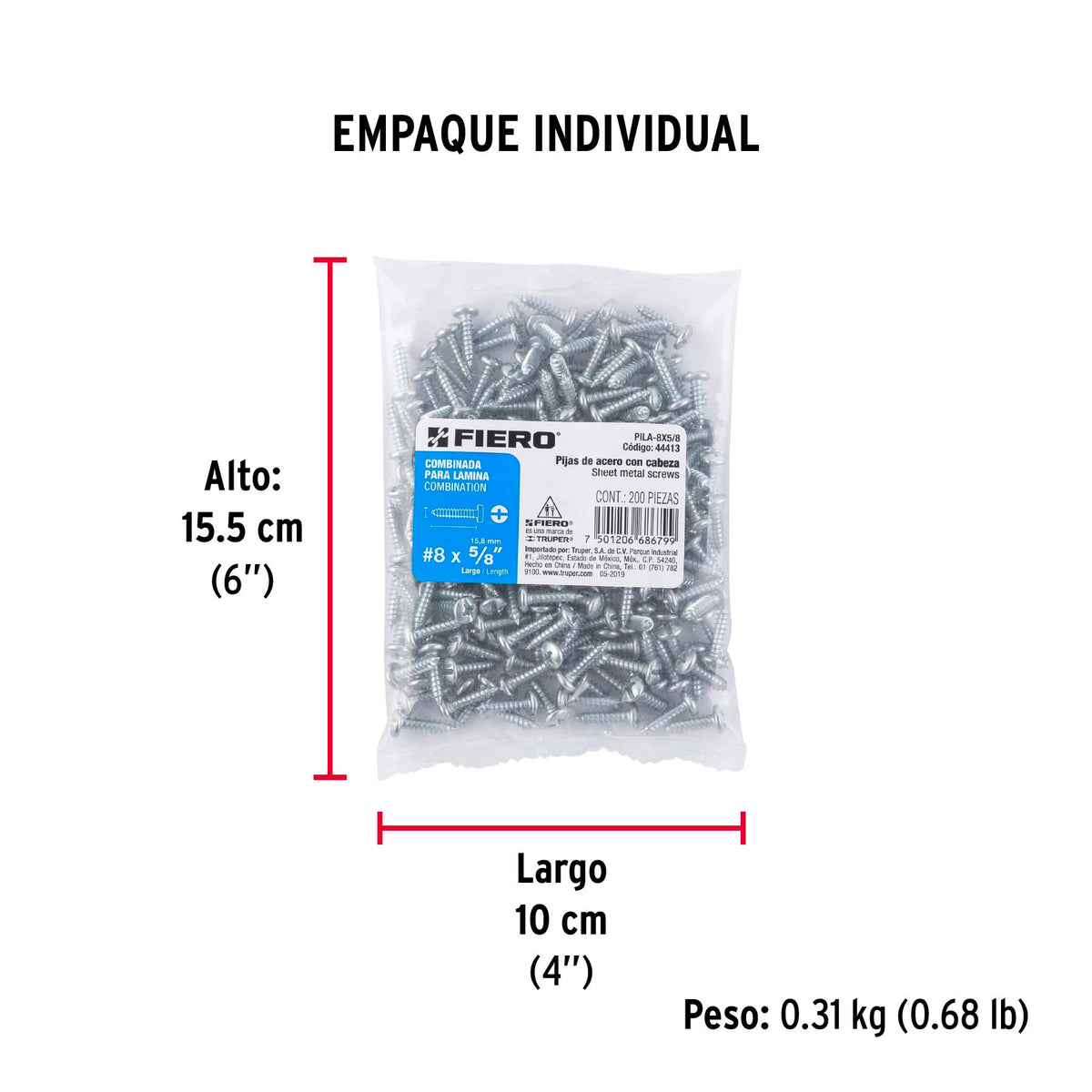 Pijas para lámina, #8, 5/8", caja con 200 pzas
