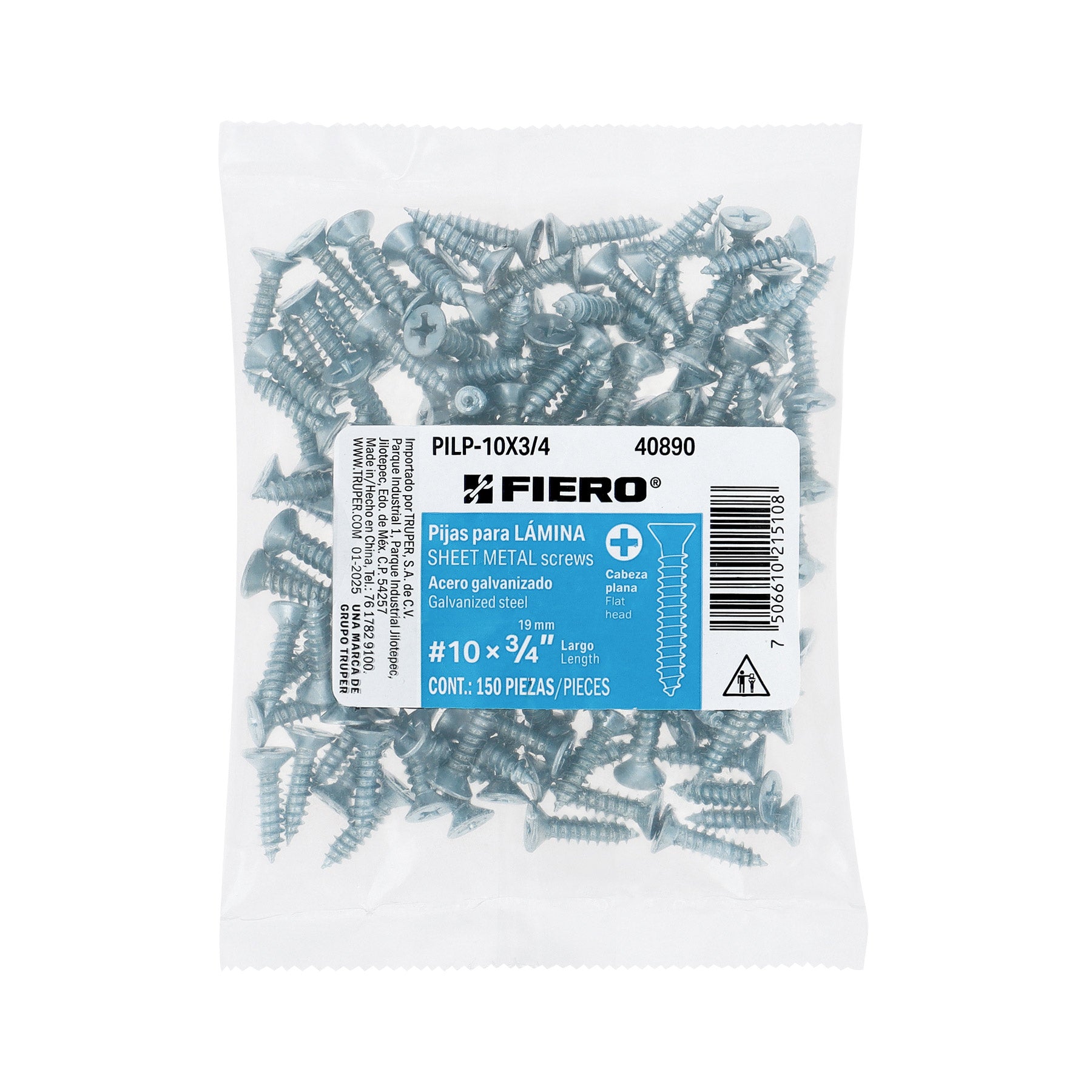 Bolsa 150 pijas para lámina cabeza plana #10 x 3/4', FIERO