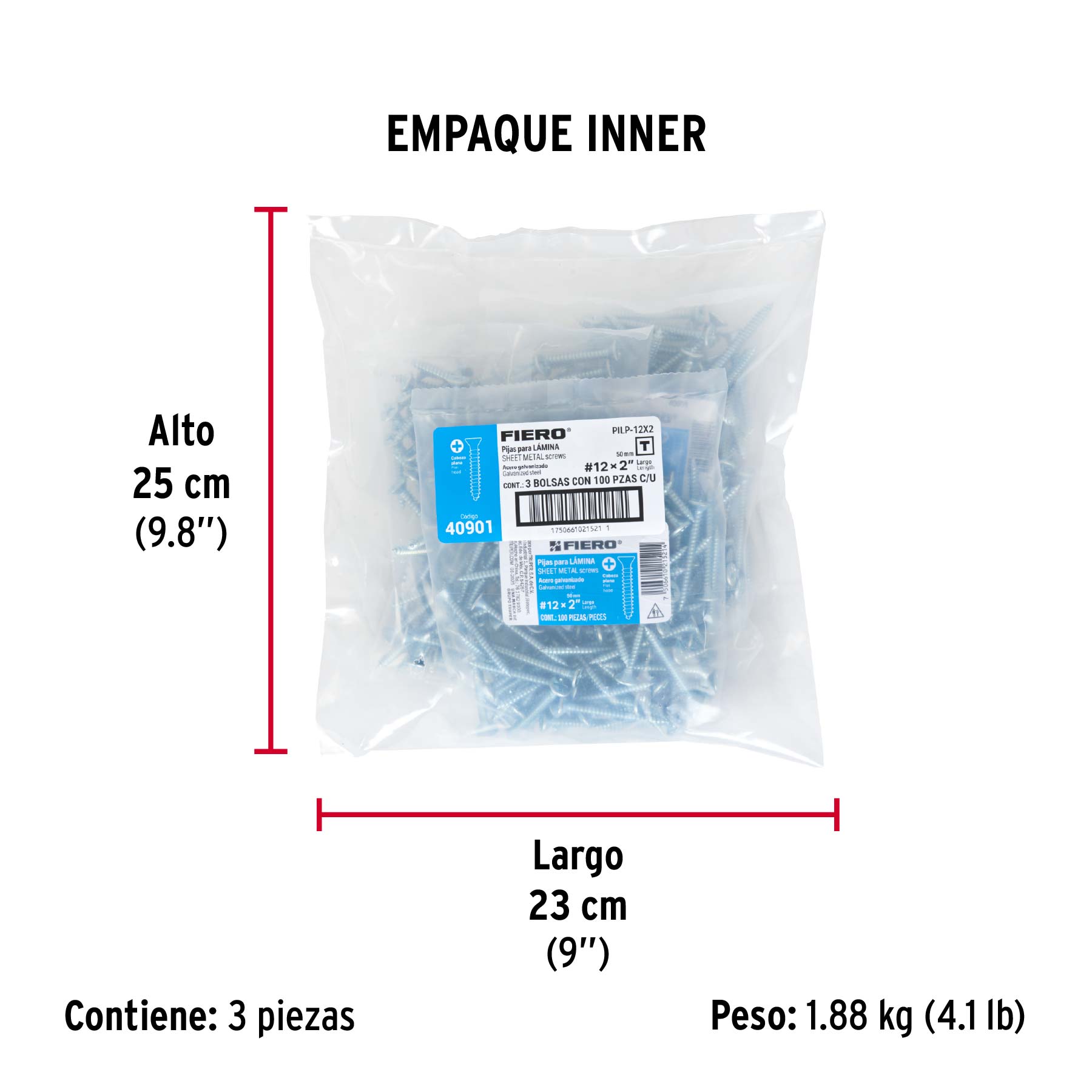 Bolsa 100 pijas para lámina cabeza plana #12 x 2', FIERO