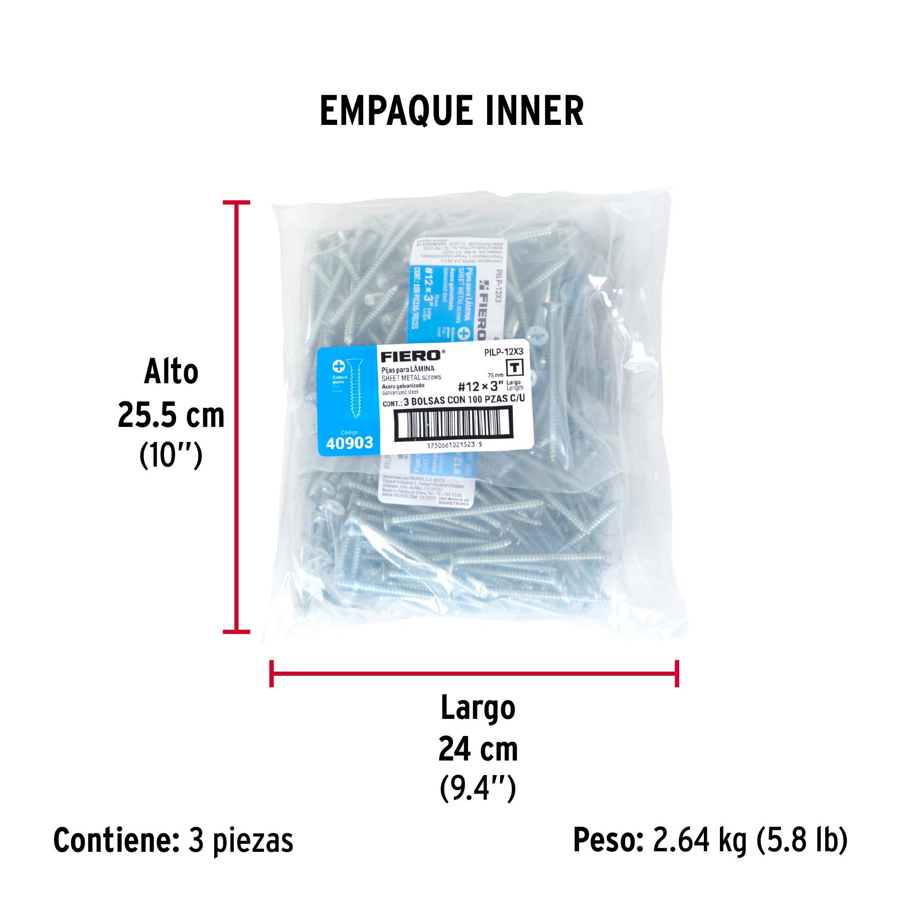 Bolsa 100 pijas para lámina cabeza plana #12 x 3', FIERO