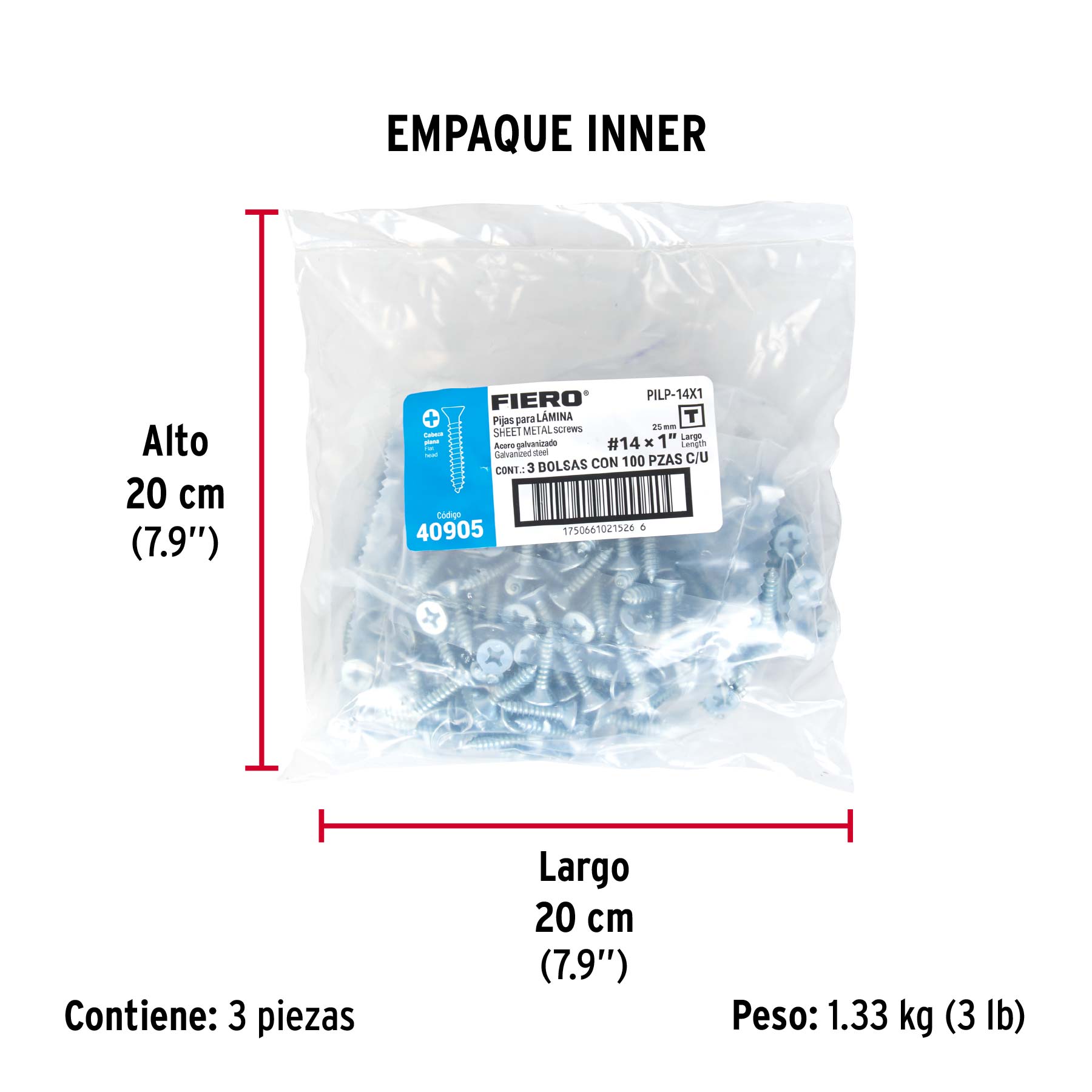 Bolsa 100 pijas para lámina cabeza plana #14 x 1', FIERO