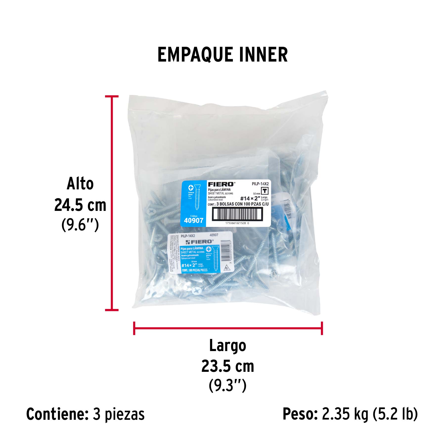 Bolsa 100 pijas para lámina cabeza plana #14 x 2', FIERO