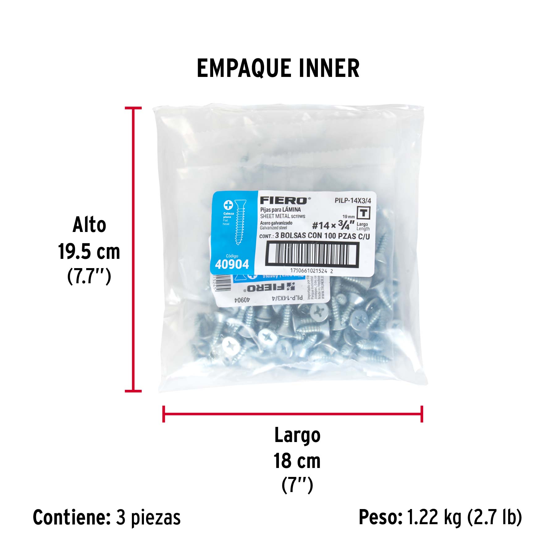 Bolsa 100 pijas para lámina cabeza plana #14 x 3/4', FIERO
