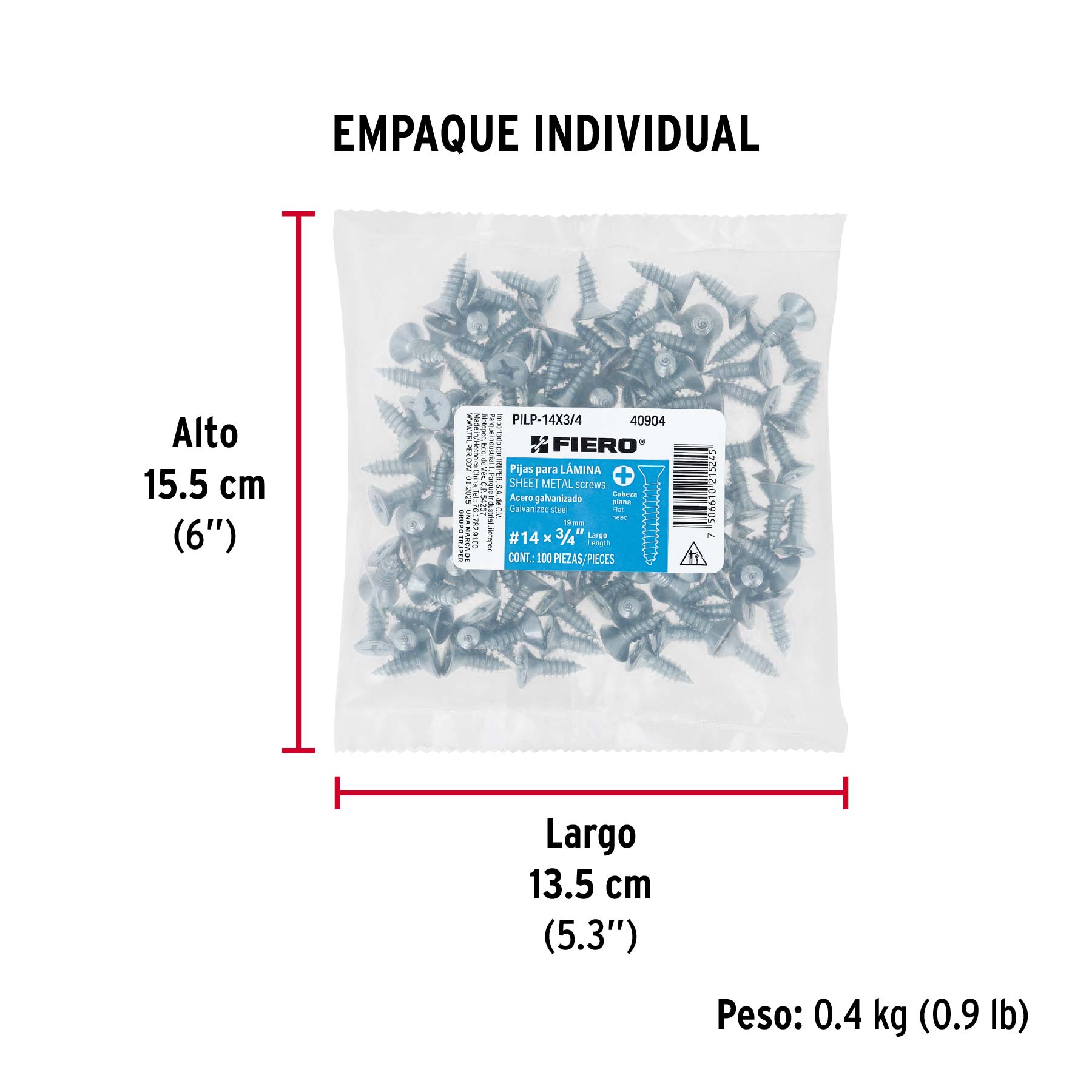 Bolsa 100 pijas para lámina cabeza plana #14 x 3/4', FIERO