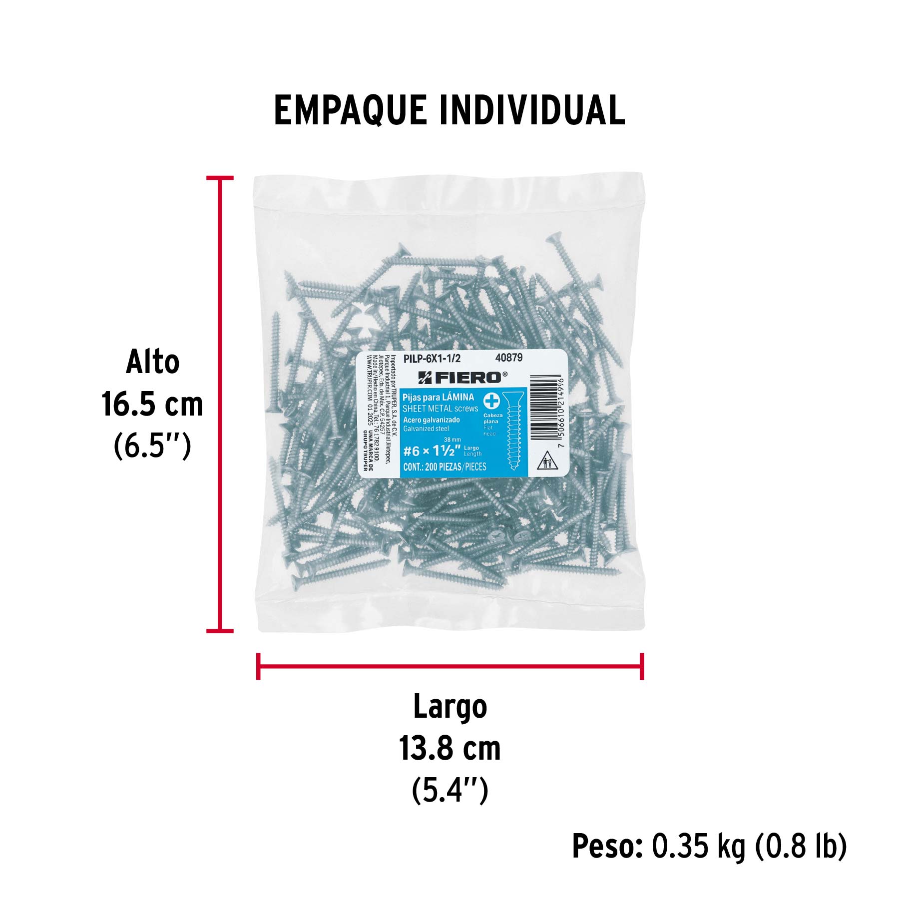 Bolsa 200 pijas para lámina cabeza plana #6 x 1-1/2', FIERO