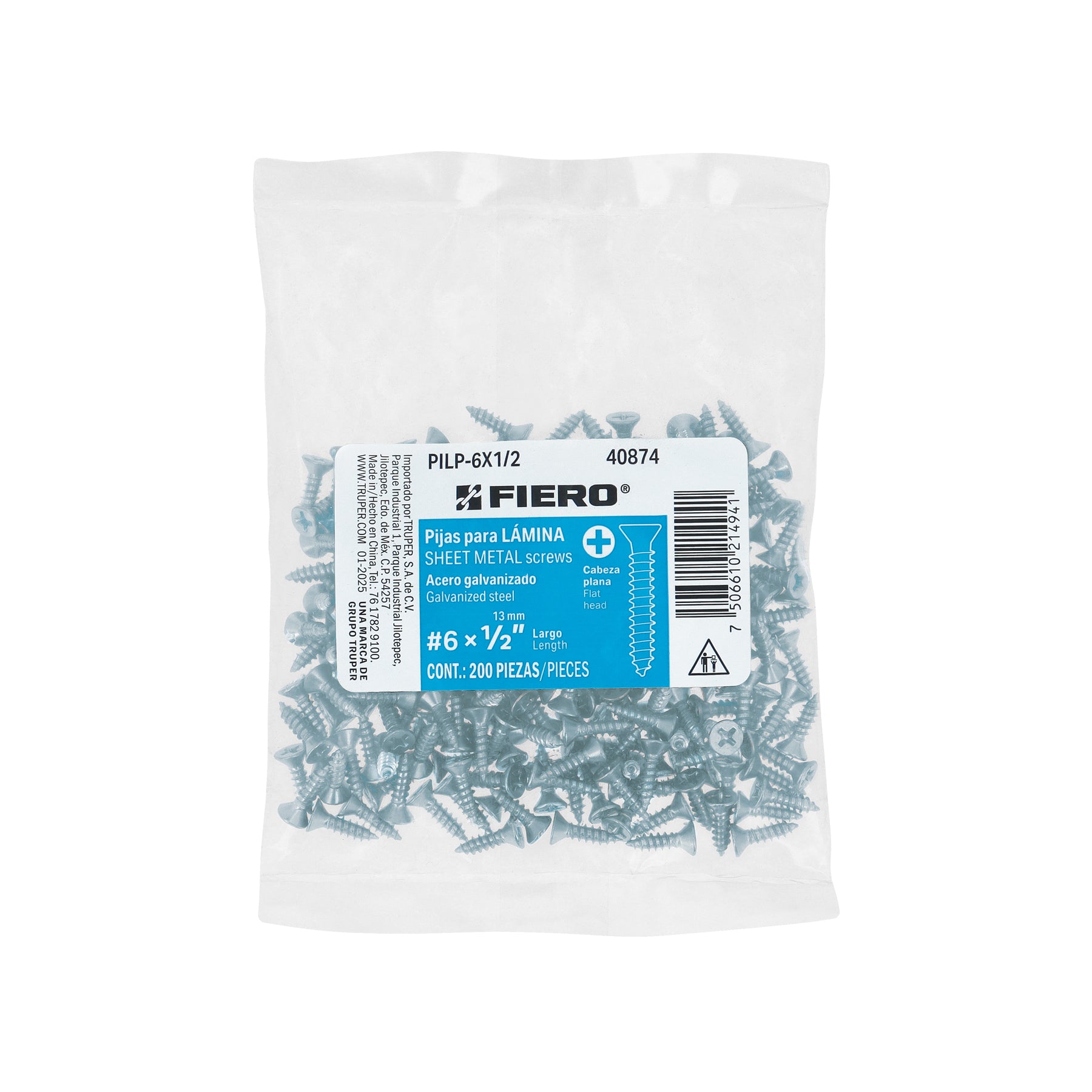 Bolsa 200 pijas para lámina cabeza plana #6 x 1/2', FIERO