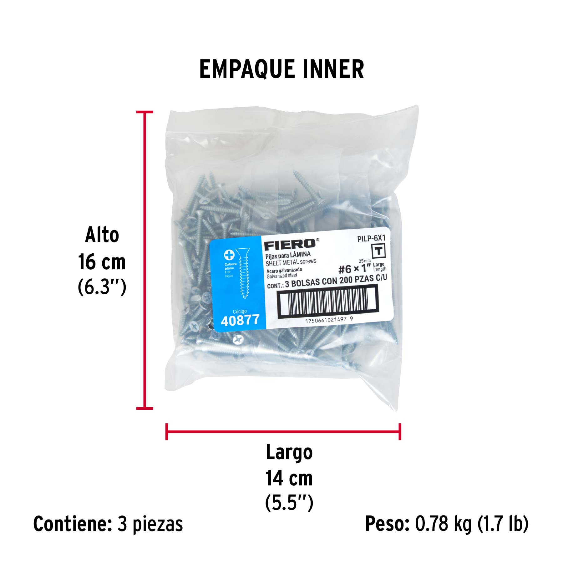 Bolsa 200 pijas para lámina cabeza plana #6 x 1', FIERO