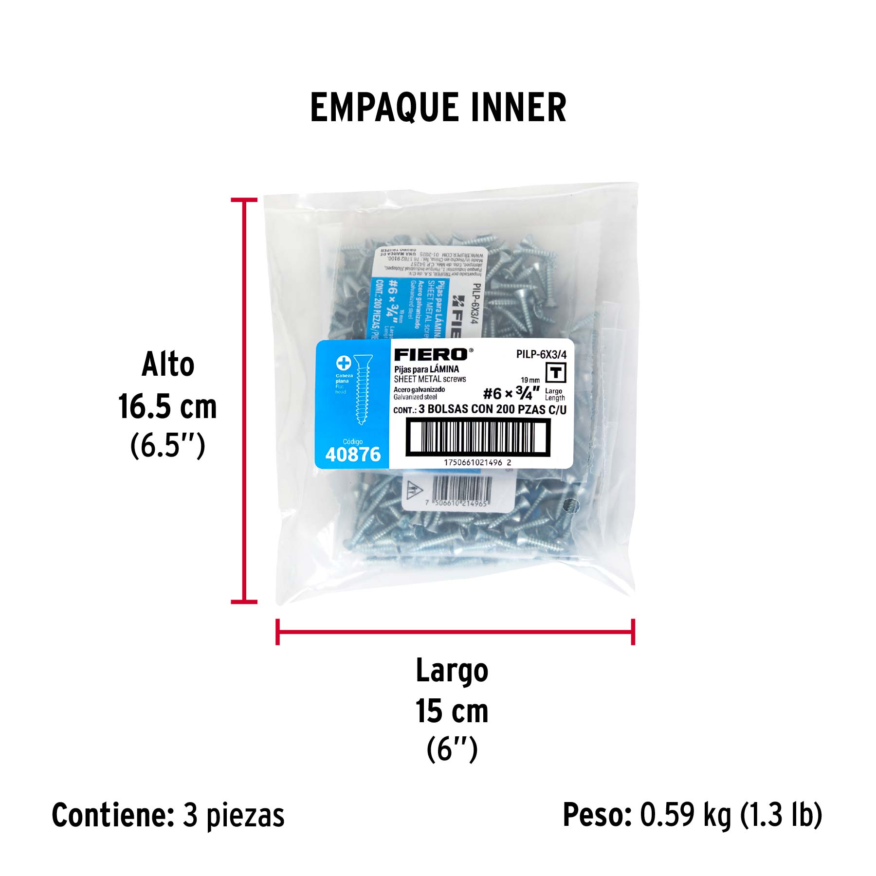 Bolsa 200 pijas para lámina cabeza plana #6 x 3/4', FIERO