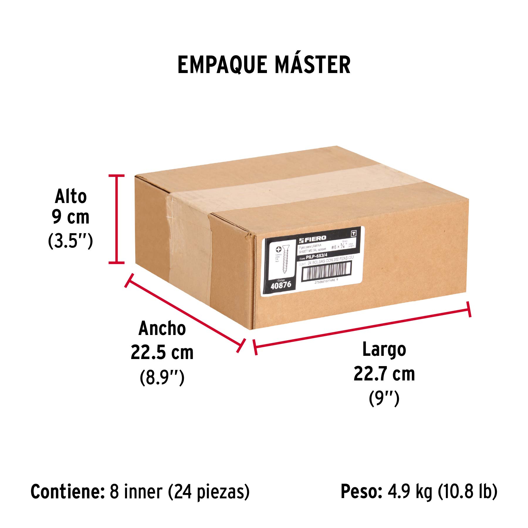 Bolsa 200 pijas para lámina cabeza plana #6 x 3/4', FIERO