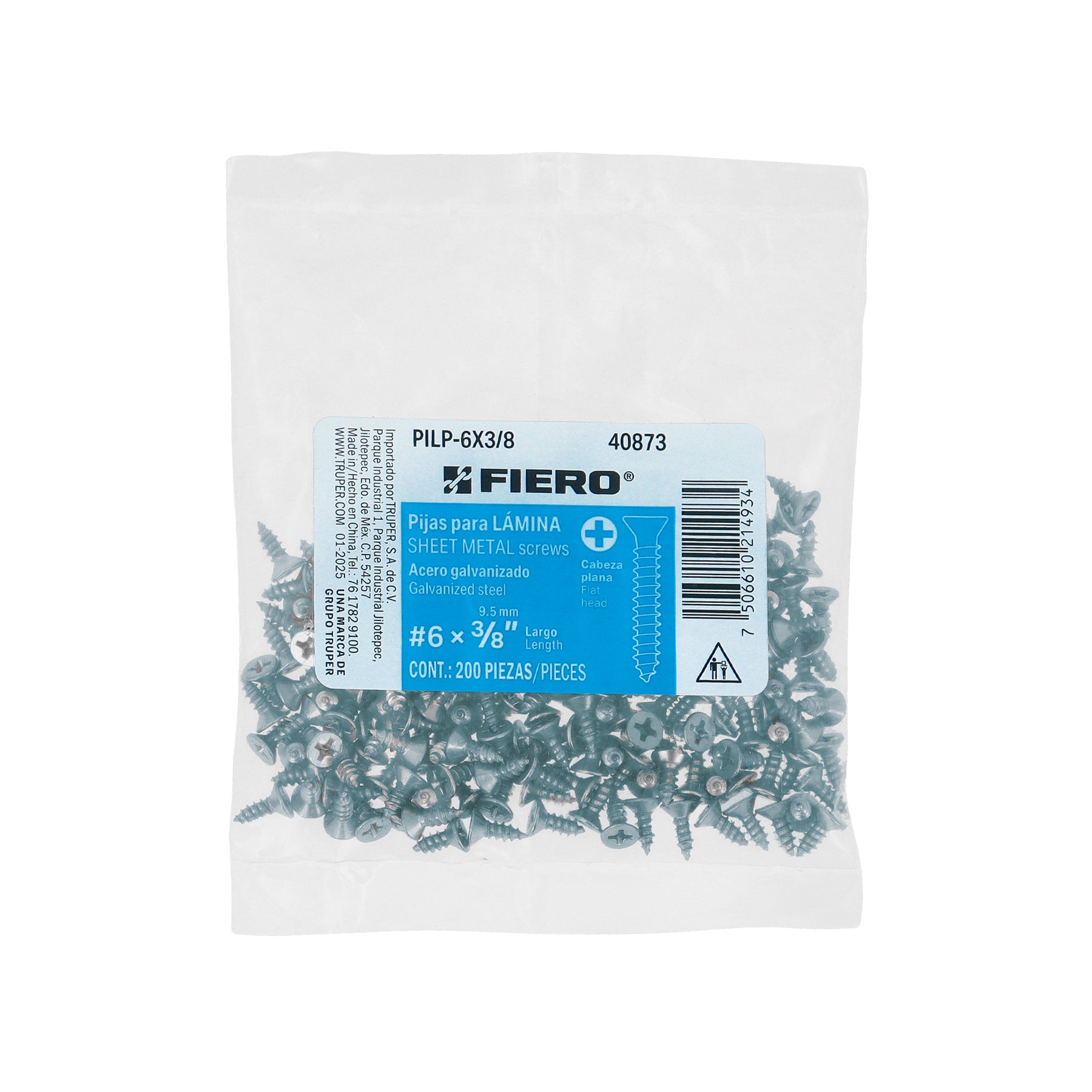 Bolsa 200 pijas para lámina cabeza plana #6 x 3/8', FIERO