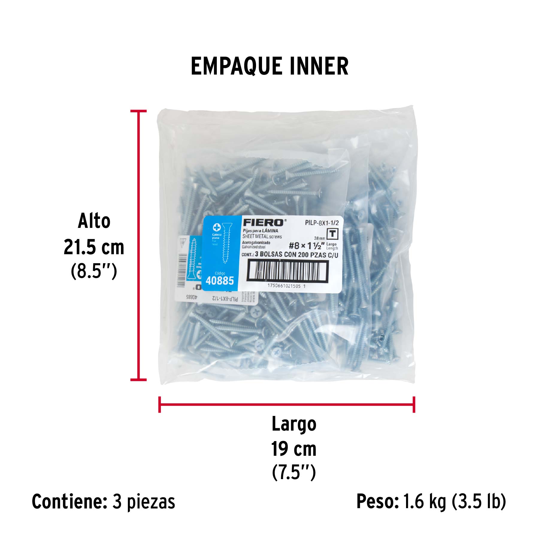 Bolsa 200 pijas para lámina cabeza plana #8 x 1-1/2', FIERO