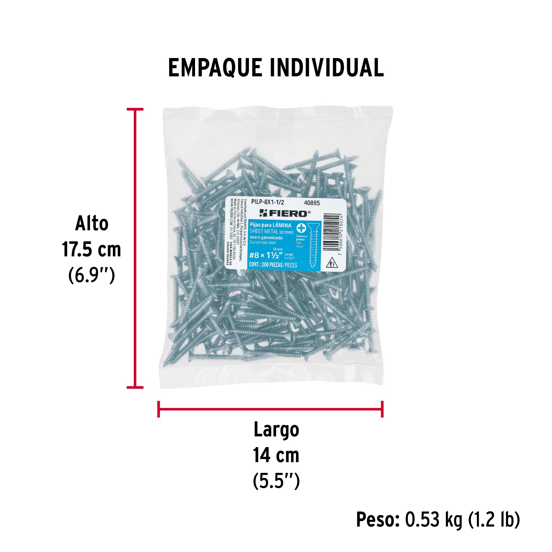 Bolsa 200 pijas para lámina cabeza plana #8 x 1-1/2', FIERO
