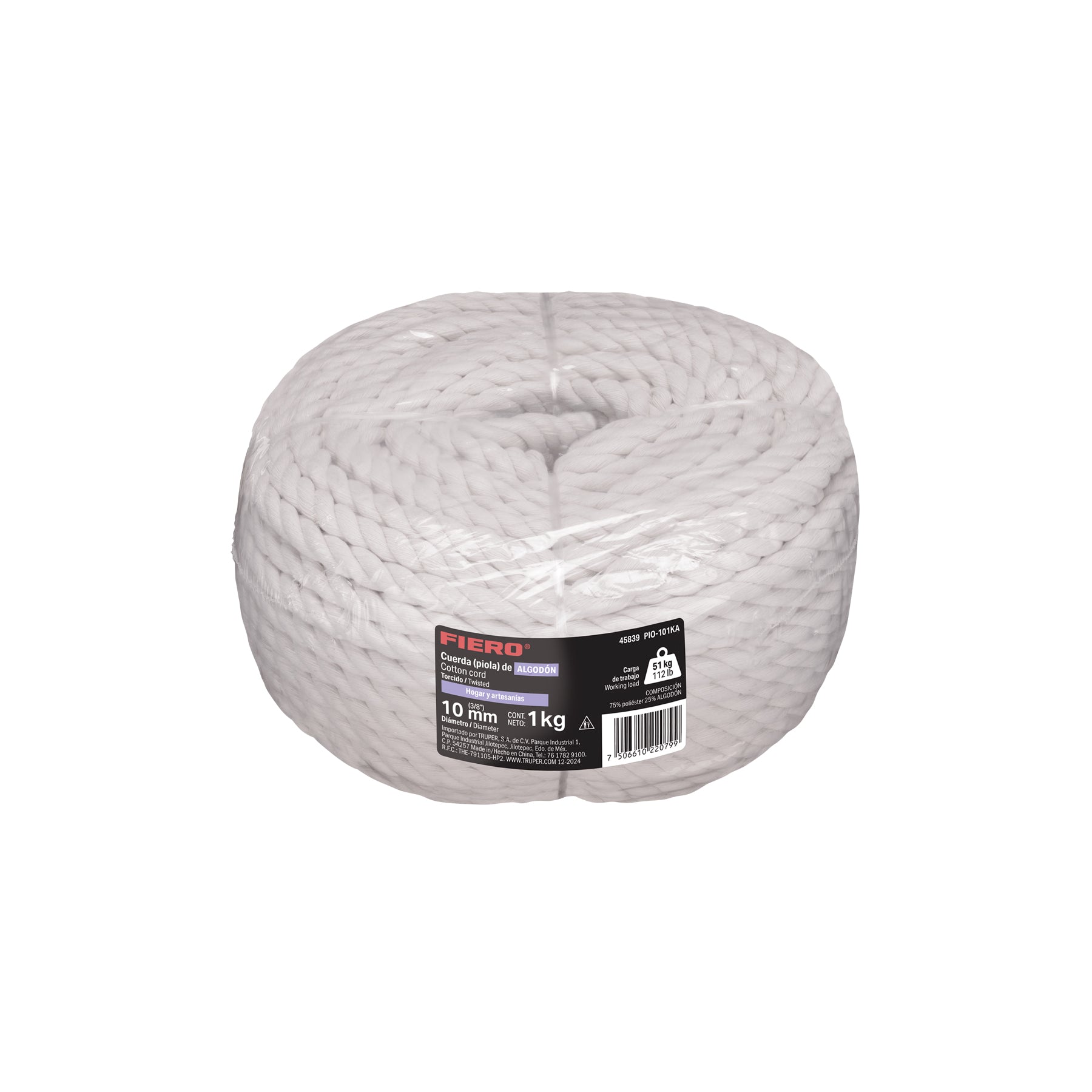 Piola de algodón de 10 mm, rollo, natural, 1 kg, FIERO