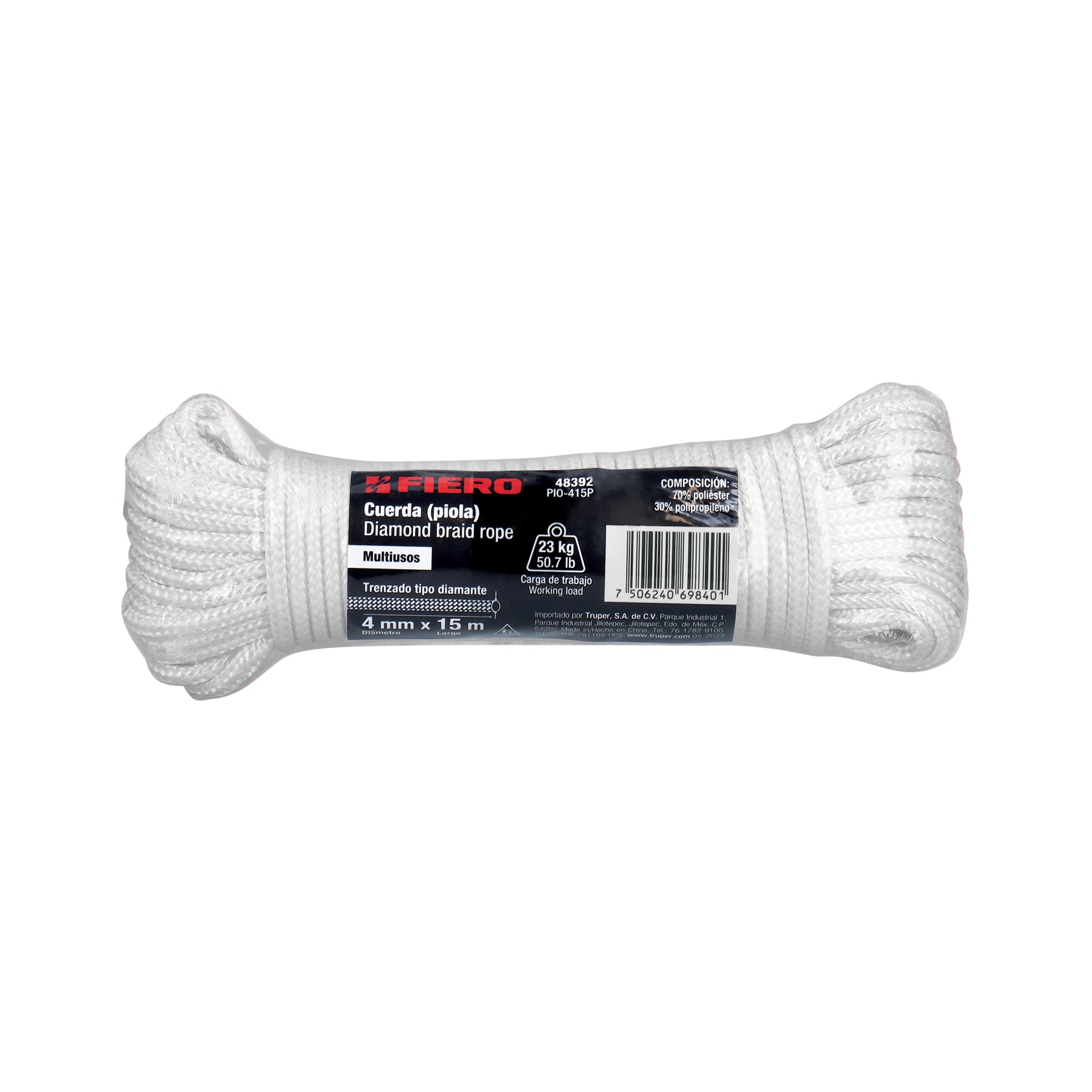 Piola de poliéster diamante de 4 mm x 15 m blanca, Fiero
