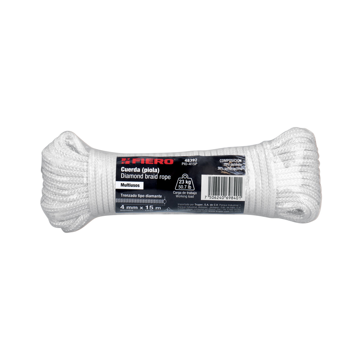 Piola de poliéster diamante de 4 mm x 15 m blanca, Fiero