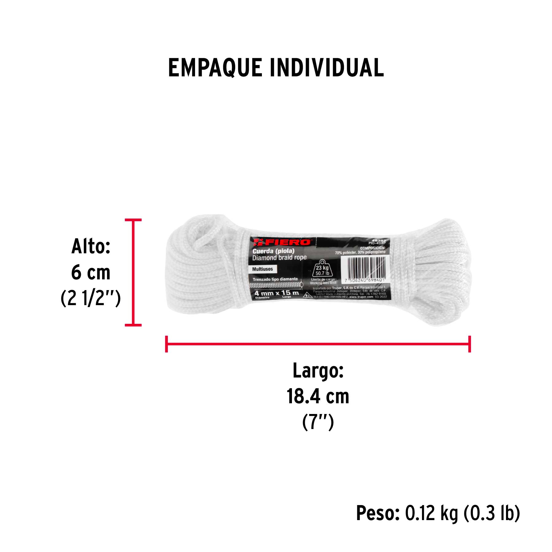Piola de poliéster diamante de 4 mm x 15 m blanca, Fiero