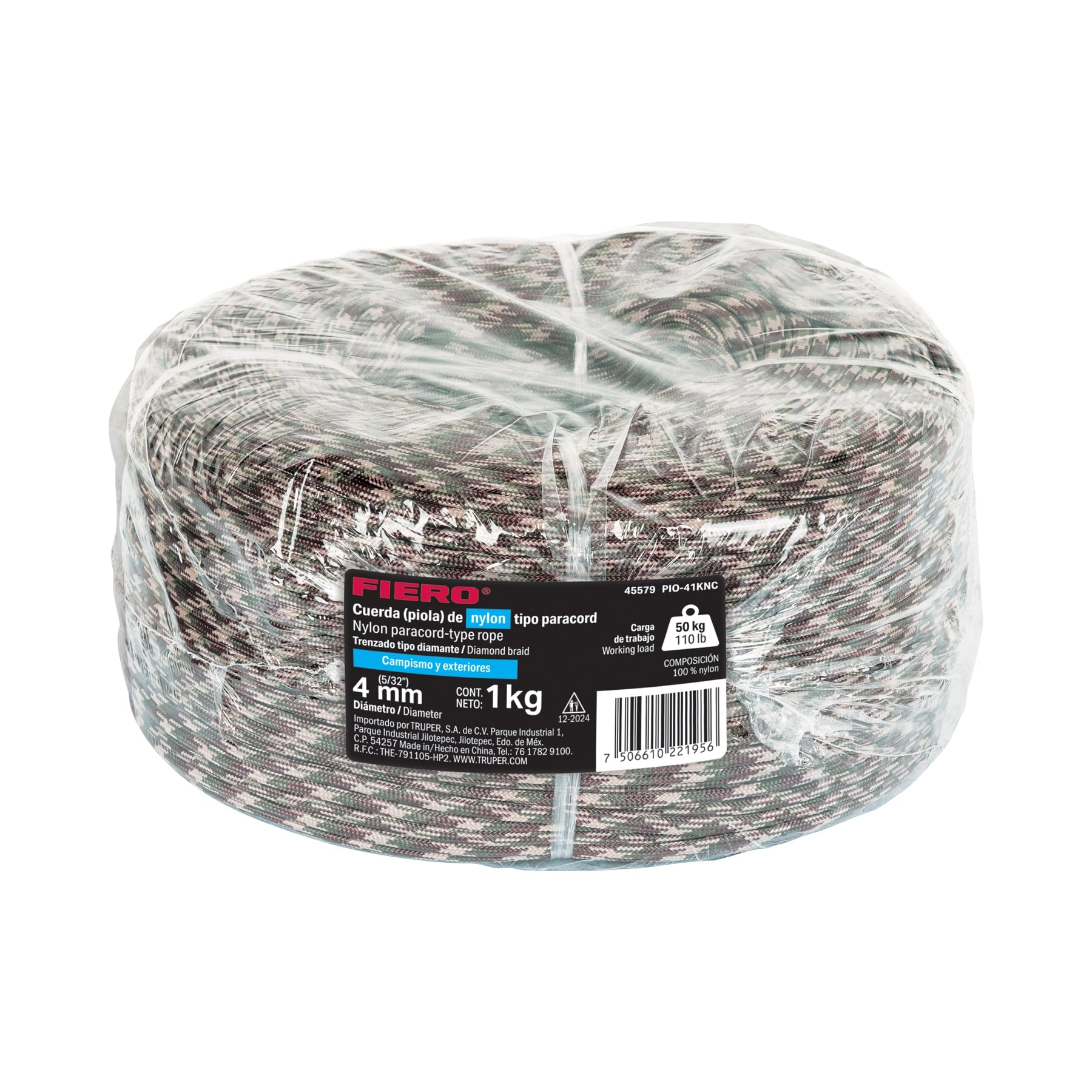 Piola de nylon paracord de 4mm, rollo, camo, 1kg, FIERO