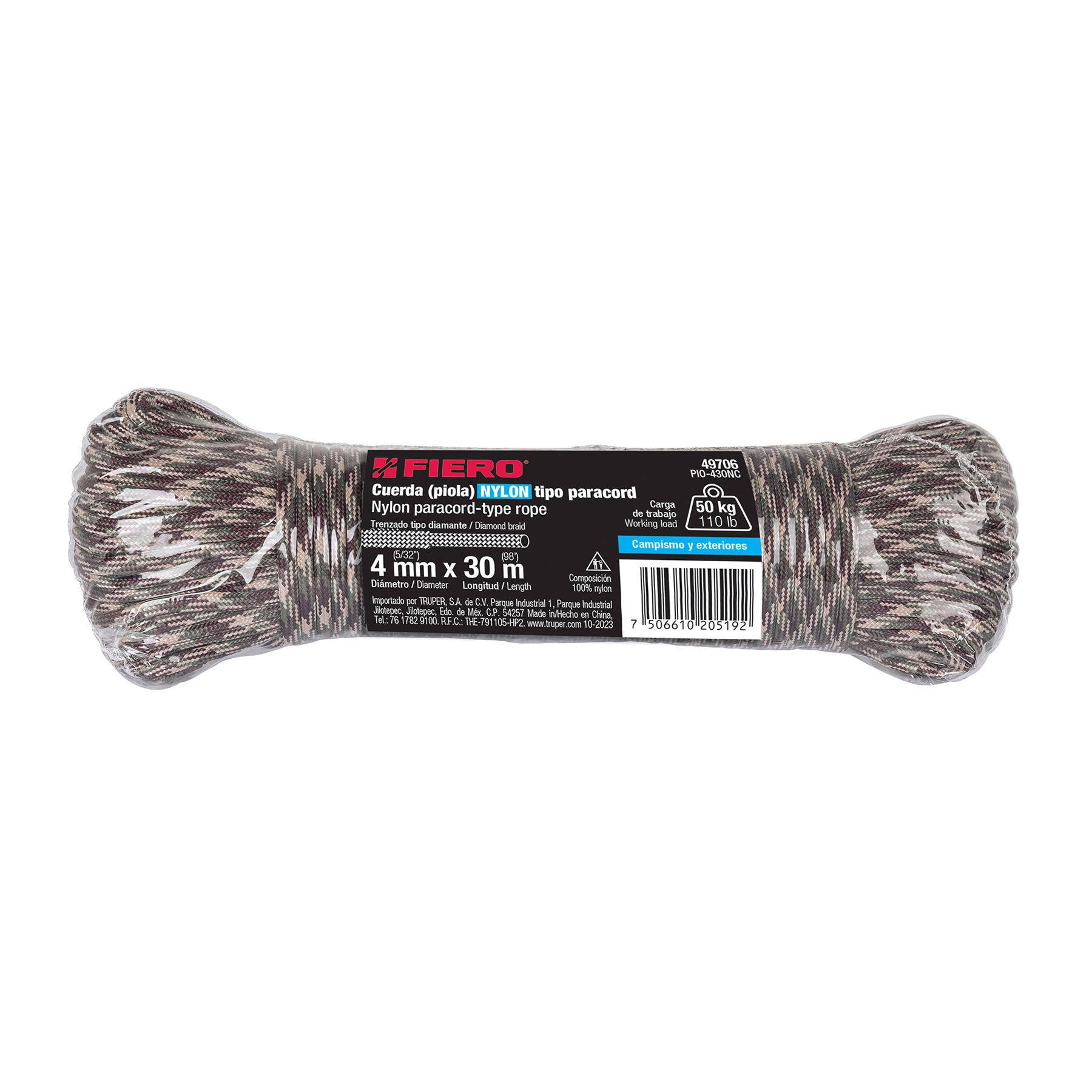 Piola de Nylon Paracord de 4mm x 30 m, camo, Fiero