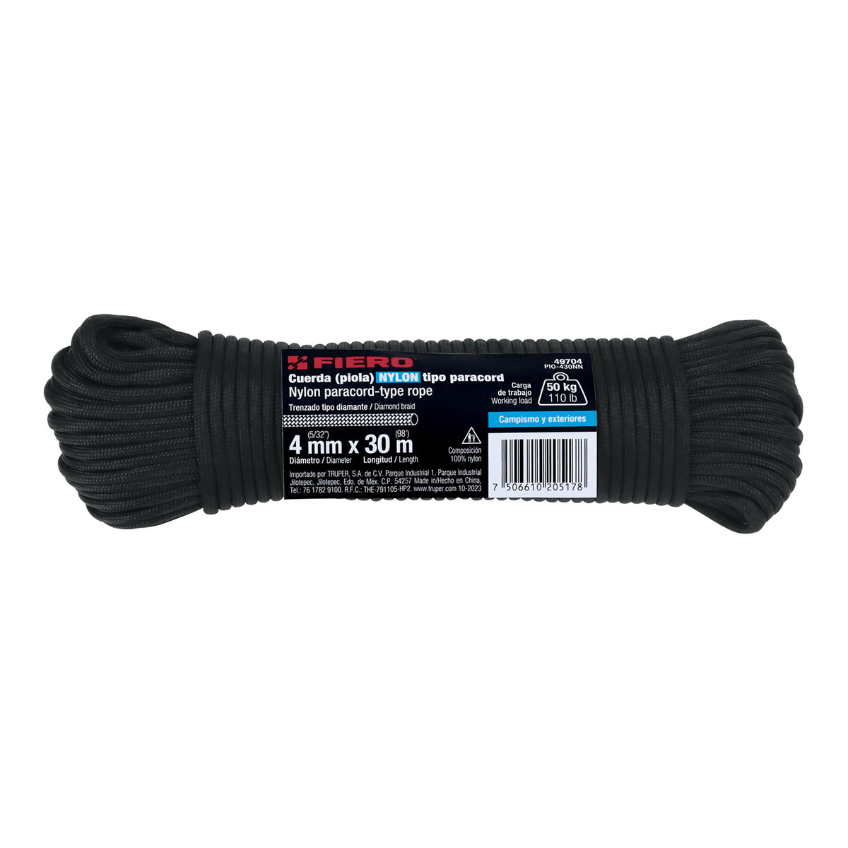 Piola de Nylon Paracord de 4mm x 30 m, negro, Fiero
