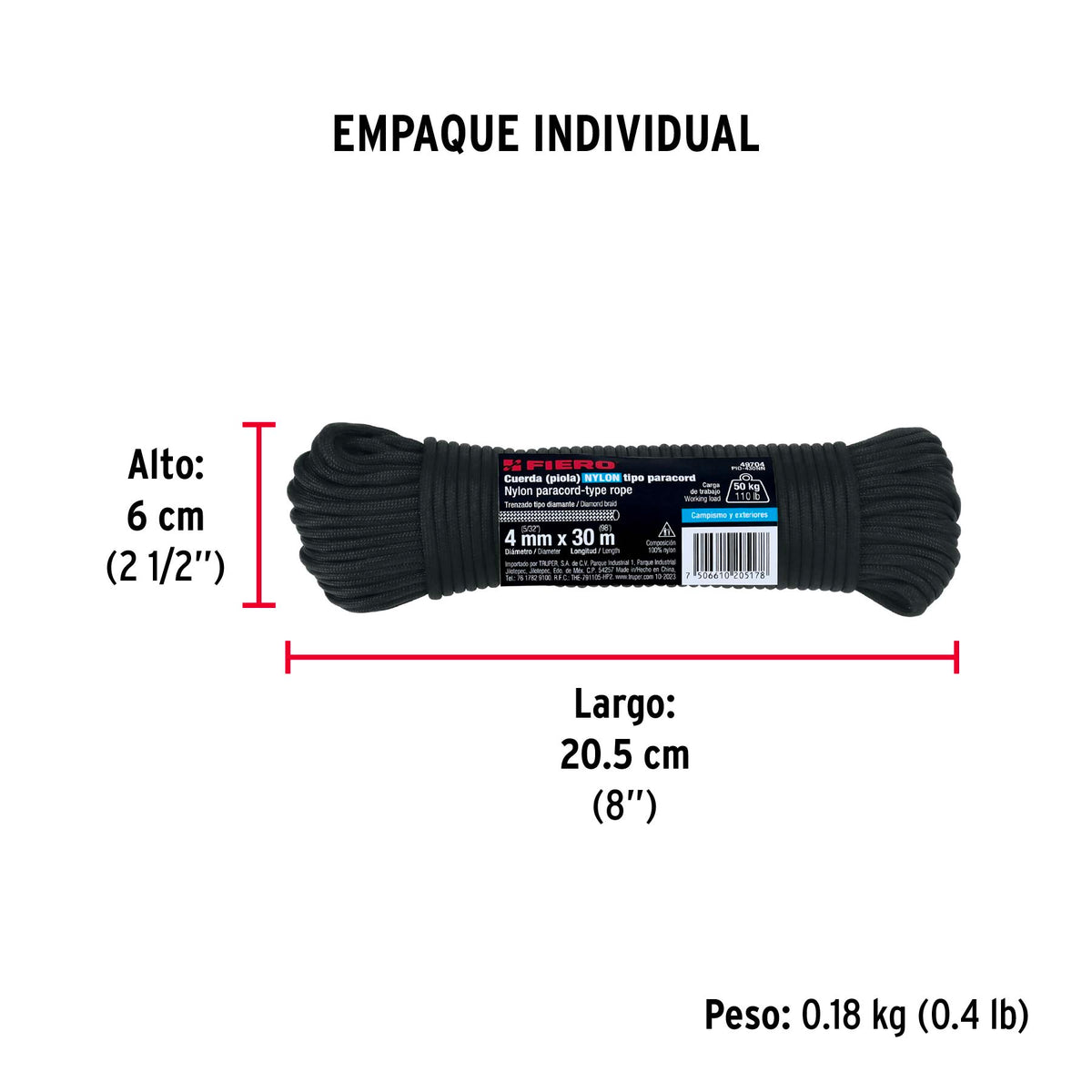 Piola de Nylon Paracord de 4mm x 30 m, negro, Fiero