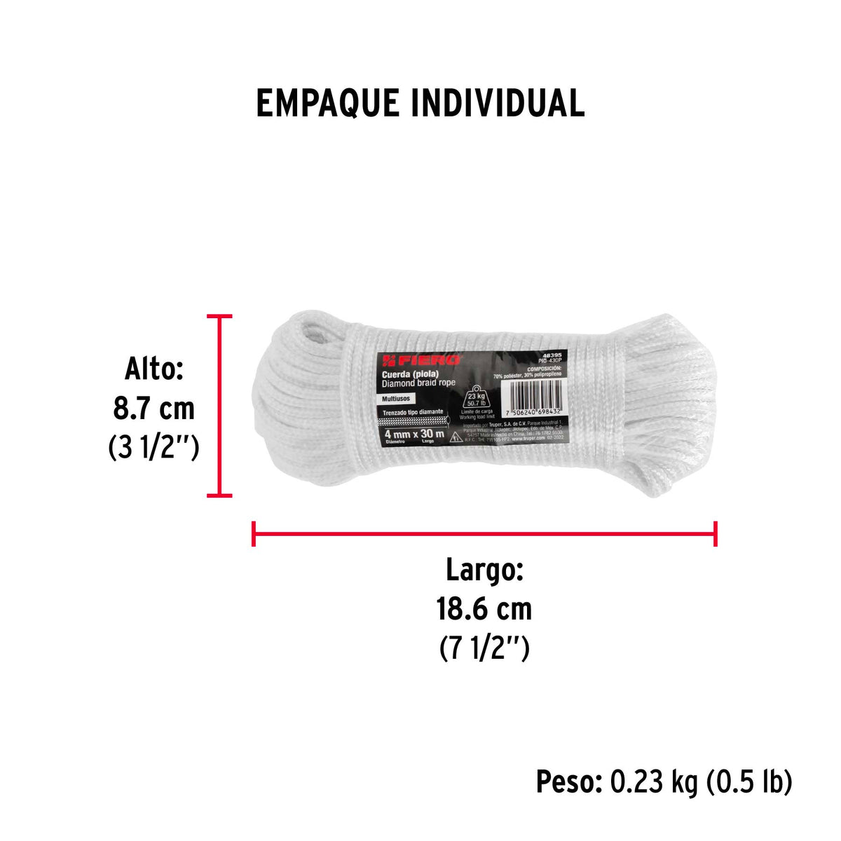 Piola de poliéster diamante de 4 mm x 30 m blanca, Fiero