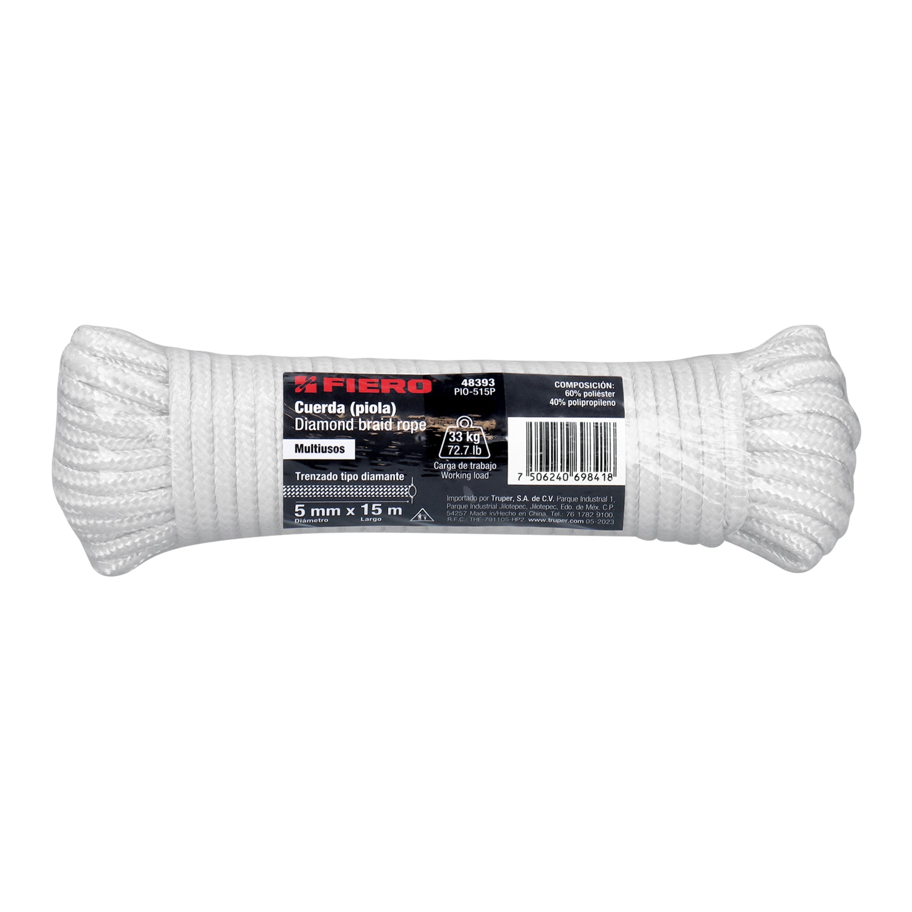 Piola de poliéster diamante de 5 mm x 15 m blanca, Fiero